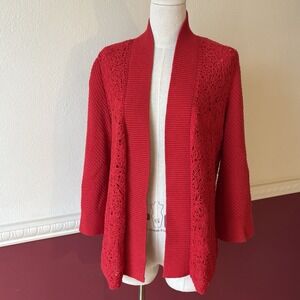 Peter Nygard Red Pointelle Open Cardigan Women's L Cotton Blend Transitional